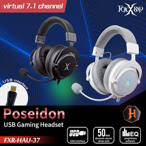 FOXXRAY HAU-37 USB Gaming Headset for PC, Computer Headphones with Microphone, 7.1 Surround Sound, 50MM Dynamic Drivers, RGB Light, Wired Headphones for PS4, PS5, Laptop - color: Black
