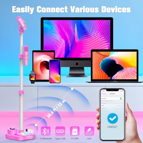 Kids Stand Karaoke Machine Toys for 3 4 5 6 7 8 Year Old Girls Gift, Kid Rechargeable Microphone Toddler Birthday Gift Singing Toy for Girl Ages 3-5 4-6, Portable Bluetooth Speaker with 2 Mics - color: Pink