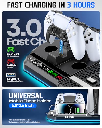 Cooling Station with Controller Charger for PS5/Slim/Pro, PlayStation 5 Vertical Stand for Disc & Digital Console, Dual PS 5 Controller Charging Station with 3 Level Cooling Fan, PS5 Accessory - Black - color: Black