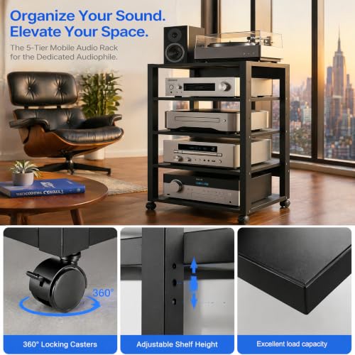 5 Tier Audio Rack Tower, CD Record Player Stereo Receiver AV Equipment Cabinet Display Rack, Weight Capacity 661 lbs, with Adjustable Wooden Shelves for Home (5 Tier Black) - size: 5 Tier Black