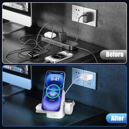 25W 3 in 1 Wireless Charging Station for Apple&Samsung, Desk Night Stand | Includes 45W Adapter, Wireless Charger for MagSafe iPhone 17/16/15/14/13/12, Galaxy S25/S24/S23/S22, AirPods & Watch - color: Desert Color