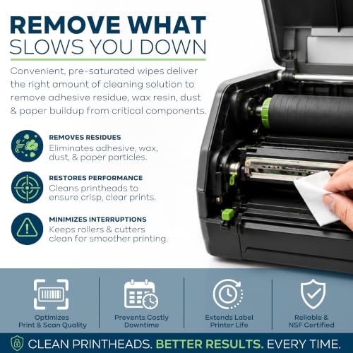 KIC> KICTeam - Label Printer Cleaning Wipes (100 Wipes) - NSF Certified - Presaturated with PrintMint | NSF Certified, For Cleaning Printer Printhead, Platen Rollers & Cutter, Saturated with Fast-Acting Formula - K2-WST100PM