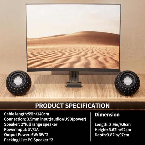 Uakinat 2.0 Computer Speaker, Black, USB Powered, 3.5mm Audio Input, Volume Control, Golf Style, Pair Pack, PC or Laptop
