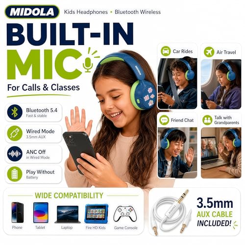 Kids Bluetooth Headphones Wireless,ANC, 68H,Safe Volume Limit 85/94dB Blue | Active Noise Cancelling,Adjustable Headband Foldable Over-Ear for Toddler Girls Boys Tablet/iPad,HD Stereo,Built-in Mic,Green - color: Deep Blue