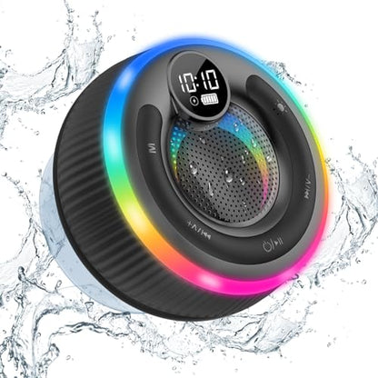 Bluetooth Speaker, Shower Speaker Stereo Sound, IPX7 Waterproof Speakers, Digital Display Portable Speaker with Suction Cup, LED Light, Small Wireless Speakers for Outdoor Party Beach Bathroom, Black - color: Black