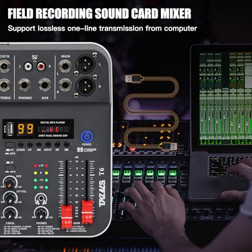 Audio Mixer, TKLBLS Studio Audio Sound Mixer Board, 6 Channel Unpowered Recording Mixers w/USB Audio Interface, DJ Mixer with 48V Phantom Power for KTV, Live Shows, Streaming, Conferences