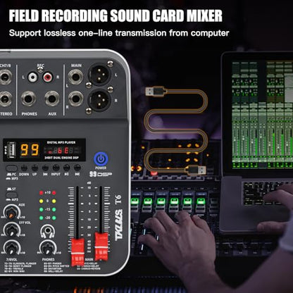 Audio Mixer, TKLBLS Studio Audio Sound Mixer Board, 6 Channel Unpowered Recording Mixers w/USB Audio Interface, DJ Mixer with 48V Phantom Power for KTV, Live Shows, Streaming, Conferences