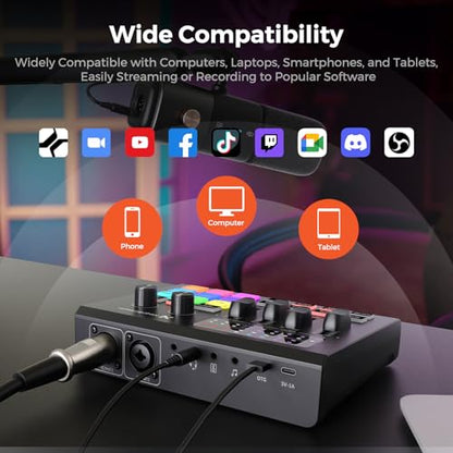 Gaming Audio Mixer & USB Audio Interface with Pro Mic Preamp | Dual XLR/6.35mm Inputs, 48V Phantom Power, RGB, Voice Changer, Sound Pads, Loopback for Podcasting/Streaming & Music