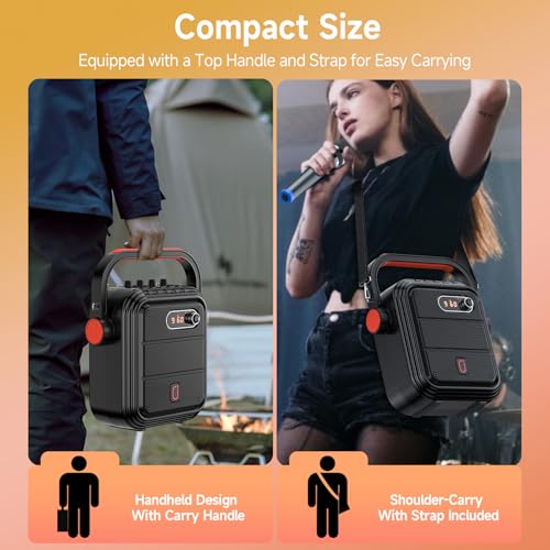 JYX Karaoke Machine with 2 Wireless Microphones, Portable Bluetooth Speaker PA System with Shoulder Strap, Subwoofer Support TWS, USB, Radio, AUX, REC, Bass&Treble for Home Party/Meeting/Adults/Kids - color: Black