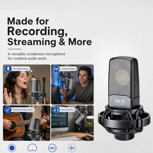 TAKSTAR XLR Condenser Studio Microphone with Shock Mount | 16mm Diaphragm, 30Hz-20kHz Response, -36dB Sensitivity, Shock Mount & Windscreen Included, Requires 48V Phantom Power