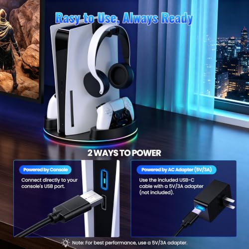 NEWDERY for PS5/Slim/Pro Console Stand with Controller Charger | Charging Station for PS5 Controllers, Adjustable RGB Light, for PS5 Controller Charger Stand, Black - color: Black