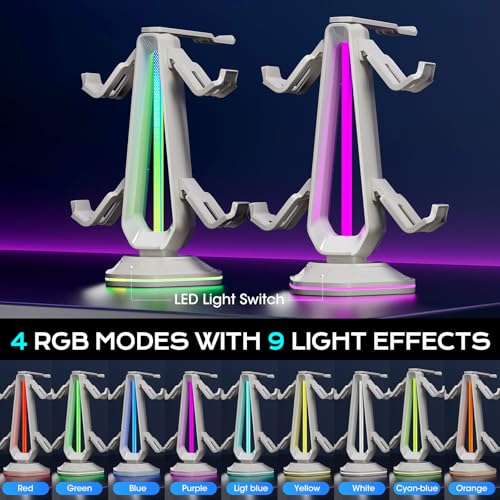 Saitake RGB Controller Stand with 9 Light Modes,Controller Holder with 2 USB Ports,Headphone Holder Suitable for All Headphones and Controller (White) - color: White