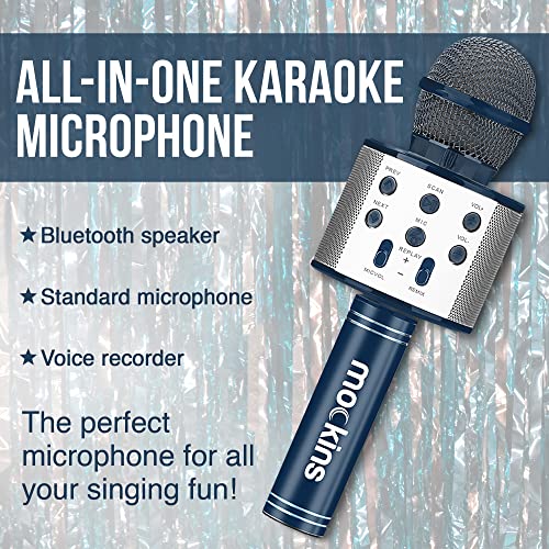 Mockins Navy Bluetooth Karaoke Microphone for Kids with Built in Bluetooth Speaker| Wireless Microphone Karaoke Compatible with iOS & Android| All-in-One Mic - color: Navy