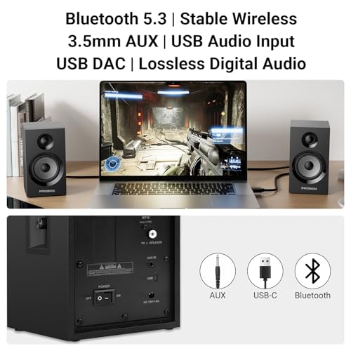 Powered Bookshelf Speakers HiFi Computer Gaming Monitors with Bluetooth 5.3 & 24-Bit USB DAC Stereo Speaker PC Speakers 3.5" Woofer,1" Silk Dome Tweeter, Adjustable Bass/Treble BT16-Black - color: Black