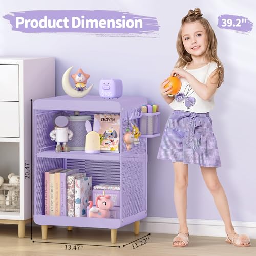 SYKIARIOL Kids Nightstand for Girls, 3-Tier Storage Shelf, Purple | Metal Bedside Table with 4 Hooks & Hanging Basket, Toddler Night Stand for Bedroom - color: Purple