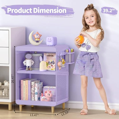 SYKIARIOL Kids Nightstand for Girls, 3-Tier Storage Shelf, Purple | Metal Bedside Table with 4 Hooks & Hanging Basket, Toddler Night Stand for Bedroom - color: Purple