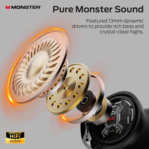 Monster AC228 Open Ear Headphones, 24-Hour Battery Life, IPX5 Water Resistant, Bluetooth 6.0, All-Day Comfort Fit, Wireless Clip on Earbuds Running & Cycling