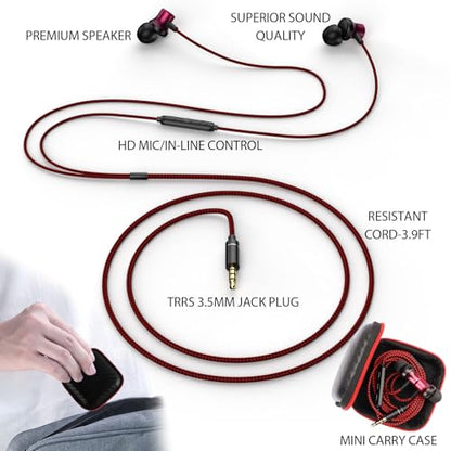 ASKUBSKU Wired Headphones Earbud for School Laptop PC Chromebook, Black Red | Noise Isolating Ear Buds with 3.5mm Plug in Audio Jack Microphone HiFi Stereo Clear Call Corded Earphones for Kindle Fire
