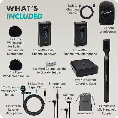 Movo WMX-2 Wireless Lavalier Microphone Lapel Mic with Charging Case and WMX-HM Handheld Adapter - Lav Mic, Lapel Microphone 2.4GHz for Camera, Vlogging, DSLR, and Content Creators - style: Camera Single