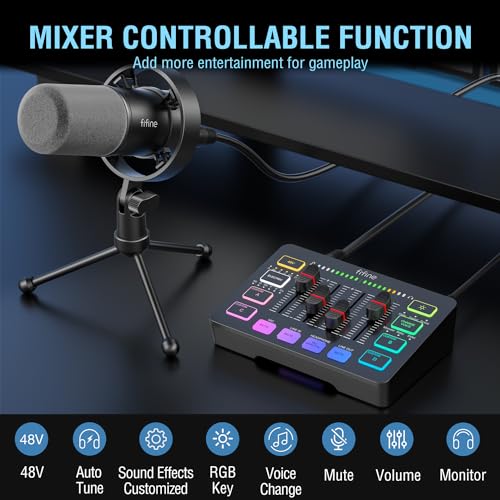 FIFINE Gaming Audio Mixer and XLR/USB Dynamic Microphone Bundle, Streaming 4-Channel RGB Mixer with XLR Microphone Interface,48V Phantom Power for Game, Voice, Podcast, Recording, YouTube (SC3+K688)