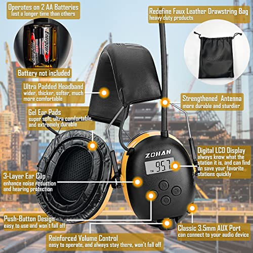 ZOHAN AM/FM Radio Headphone with Digital Display,Ear Protection Noise Reduction Earmuffs,Comfortable Hearing Protector - color: Yellow, style: Radio+gel Ear Pads