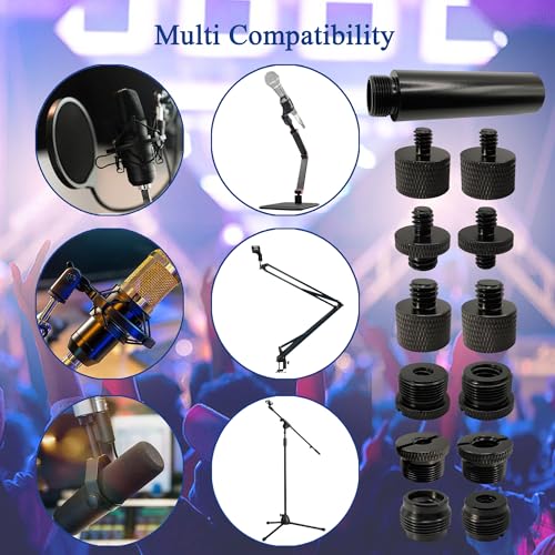 Mic Stand Adapter Kit with Extension Tube,3/8" to 5/8",1/4" to 5/8" Threaded Screw for Camera Tripod Mic Arm 13 Pack