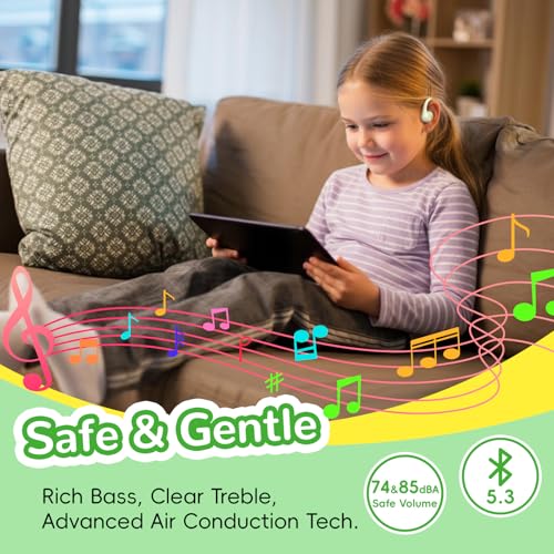 ANCwear Kids Open Ear Headphones, 85dB Volume Limit, Ages 5+ | 17g air conduction design with IPX6 water resistance, mic, magnetic charging and 10H battery for school, sports and travel - color: Beige