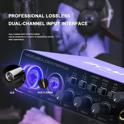 USB Audio Interface SOLO with XLR/48V Phantom Power,32Bit/192kHz High-Fidelity, for Studio Audio Mixer Interface for Guitarist, Vocalist, Podcaster, Producer, Plug and Play (U202P)