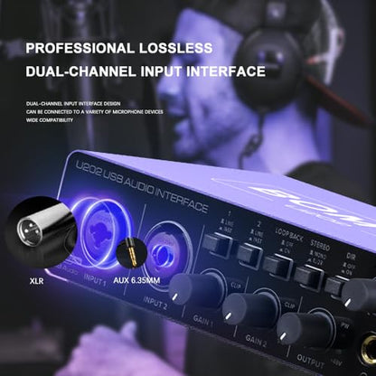 USB Audio Interface SOLO with XLR/48V Phantom Power,32Bit/192kHz High-Fidelity, for Studio Audio Mixer Interface for Guitarist, Vocalist, Podcaster, Producer, Plug and Play (U202P)