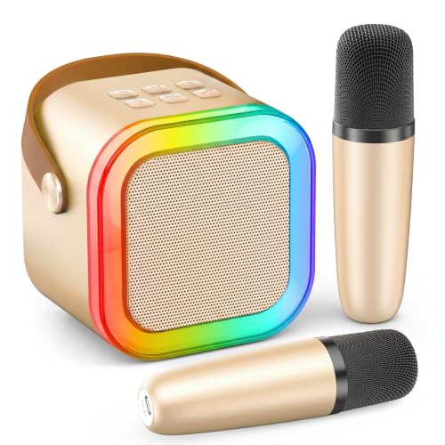 Mini Karaoke Machine, Portable Bluetooth Speaker & 2 Wireless Microphones | Karaoke Player Karaoke Microphone For Family Home Party Outdoor With HI-FI Sound | 5 Magic Sound | PA System | USB | TF | AUX - color: Gold
