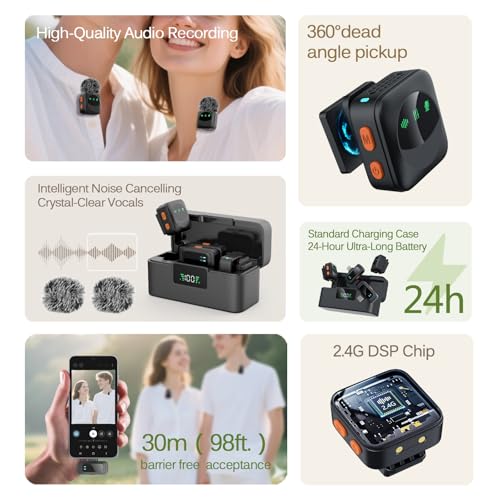 Ai Mini Mic Wireless Lavalier Microphone System (2TX+2RX+Case), Magnetic & Clip-On Microphone for iPhone, Android, Vlogging, Studio-Quality Sound, 48H Battery, Ai Noise Cancelling (Black) - color: Black