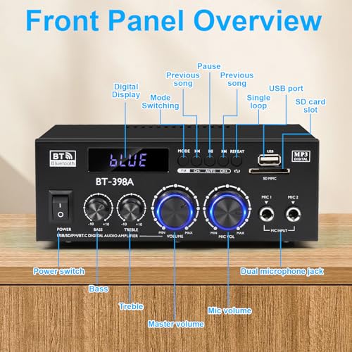 Romica Stereo Audio Amplifier, 2 Channel 450W Bluetooth 5.0 Home Audio Stereo Receiver with FM Radio, USB, SD, Optical & Coaxial Inputs, Amplifier for Passive Speakers and Active subwoofer