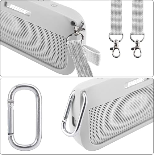 co2CREA Soft Silicone Case for Bose SoundLink Flex Bluetooth Speaker, White | Adjustable Shoulder Strap, Crossbody Carrying, Aluminum Carabiner, Lightweight - color: White Smoke Case
