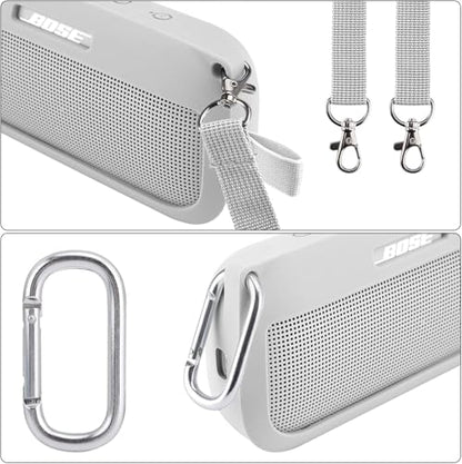 co2CREA Soft Silicone Case for Bose SoundLink Flex Bluetooth Speaker, White | Adjustable Shoulder Strap, Crossbody Carrying, Aluminum Carabiner, Lightweight - color: White Smoke Case