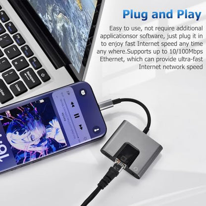 Lightning to RJ45 Ethernet Adapter Network Adapter, Support 10/100Mbps Ethernet Network, with Lightning Charge Port and 3.5mm Audio Jack, Compatible with iPhone 14 13 12 11/iPad - size: Lightning
