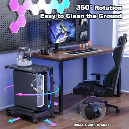 Computer Tower Stand with Charging Station, for Small and Mid-Tower PCs | Height Adjustable PC Stand with Wheel, CPU Holder with 2 AC Outlets + 2 USB Ports, 2-Tier Storage, Durable Metal Frame - color: Black