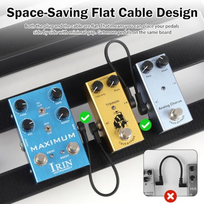 TRS Stereo Flat Patch Cables 6 in | 1/4" Right Angle Male-to-Male Connector for Effct Pedal, Low Profile, Save More Space Pedals Board, Black - color: 6 in