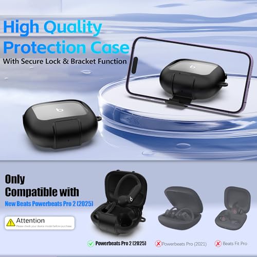Protective Cover for Beats Powerbeats Pro 2 Case with Secure Lock & Phone Stand, Shockpoof Protection Clear Case Compatible with Beats Powerbeats Pro2 Earbuds with Cleaner Kit & Keychain (Black) - color: Black