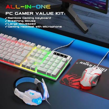 BlueFinger RGB Gaming Keyboard and Backlit Mouse and Headset Combo, USB Wired Backlit Keyboard, LED Gaming Mouse Set, Headset with Microphone for Laptop PC Computer Game and Work, White - color: White