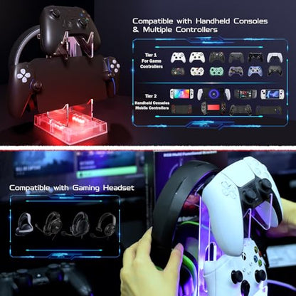 Joso Controller Holder with RGB Light, 2 Tier Acrylic Gaming Controller Stand for PS5/PS4/PS Portal/Xbox/Switch, Gaming Headset Gamepad Stand Accessories for Desktop Gamer, Universal Design