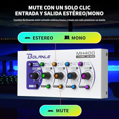 Bolanle MH400 4-Channel Active Line Mixer, USB-C Stereo/Mono Audio Mixer