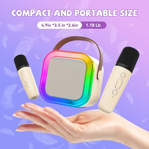 Mini Karaoke Machine for Kids Girls Boys - Birthday Gifts for Ages 4 5 6 7 8+ Year Old - Portable Bluetooth Speaker with 2 Wireless Microphone - Kids' Instrument Accessories - Beige - style: Beige