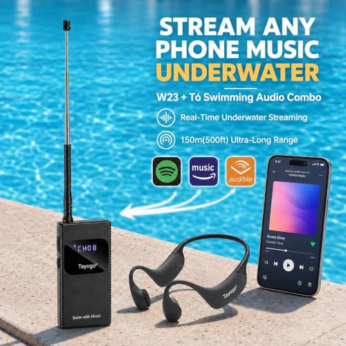 Tayogo Swimming Headphones T6 + W23 Bone Conduction, Under Water Audio System, Spotify Swim Headset, No Need to Download, Waterproof FM Receiving & Bluetooth Open Ear Swim Headset for Training - color: Black