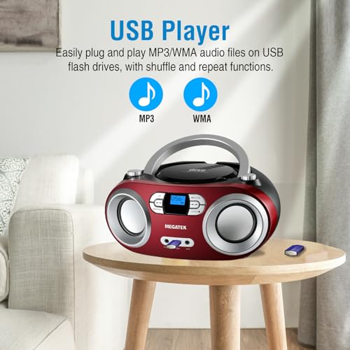 MEGATEK Portable CD Player Boombox with Bluetooth & FM Radio – Cherry Red | USB Playback, Clear Stereo Sound, AUX Input, Headphone Jack, CD-R/RW & MP3-CD Support, LCD Display, AC/Battery Powered - color: Cherry Red