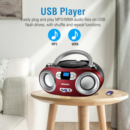 MEGATEK Portable CD Player Boombox with Bluetooth & FM Radio – Cherry Red | USB Playback, Clear Stereo Sound, AUX Input, Headphone Jack, CD-R/RW & MP3-CD Support, LCD Display, AC/Battery Powered - color: Cherry Red