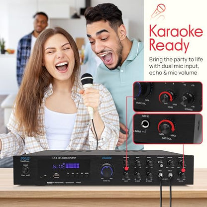 Pyle Bluetooth 5.1 Channel Home Entertainment Amplifier - Subwoofer Out - Easy Karaoke with Dual Mic Inputs w/ Echo, USB-A / SD Reader with MP3 Player, RCA In and Line out - PDA8BU