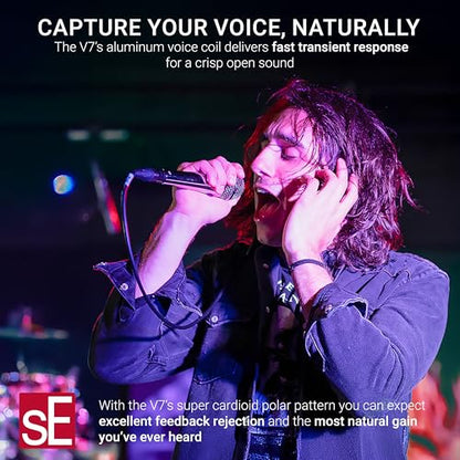 SE ELECTRONICS V7 Dynamic Microphone for Singing, Speech & Studio Recording - XLR Handheld Professional Microphone with Supercardioid Aluminum Voice Coil for Huge Gain Before Feedback - Black | Supercardioid Aluminum Voice Coil for Huge Gain Before Feedba