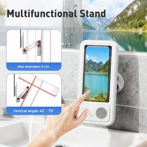 Shower Phone Holder with Wireless Bluetooth Speaker, 2026 Upgraded Waterproof/Fog-Resistant for Any Phone, Shower Phone Holder Waterproof Wall Mounted PhoneHolder for Bathroom Mirror (1, White)