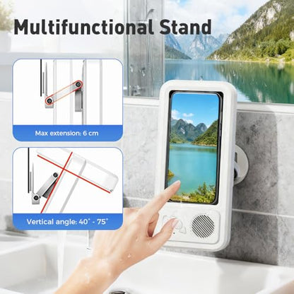 Shower Phone Holder with Wireless Bluetooth Speaker, 2026 Upgraded Waterproof/Fog-Resistant for Any Phone, Shower Phone Holder Waterproof Wall Mounted PhoneHolder for Bathroom Mirror (1, White)