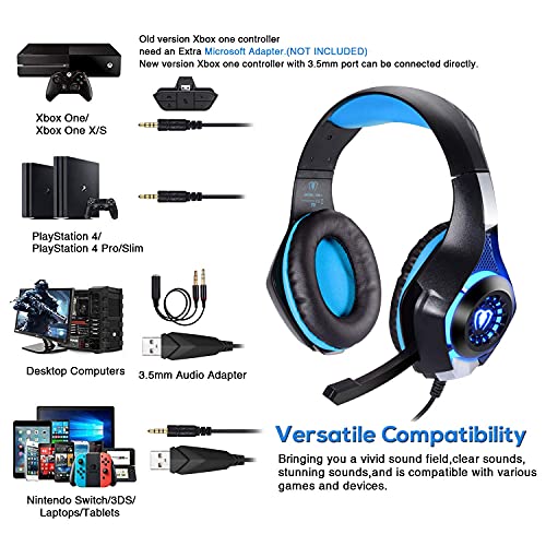 BlueFire Stereo Gaming Headset with Microphone for PS5 PS4 Xbox One Switch PC Mac – Wired Over-Ear Headphones with Surround Sound, Soft Memory Foam, Noise Canceling Mic, Light, 3.5mm Jack (Blue) - color: Blue